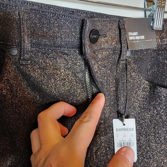 NWT Express Metallic Bronze Straight highrise stretch jeans.  Women's size 4 - Picture 4 of 16